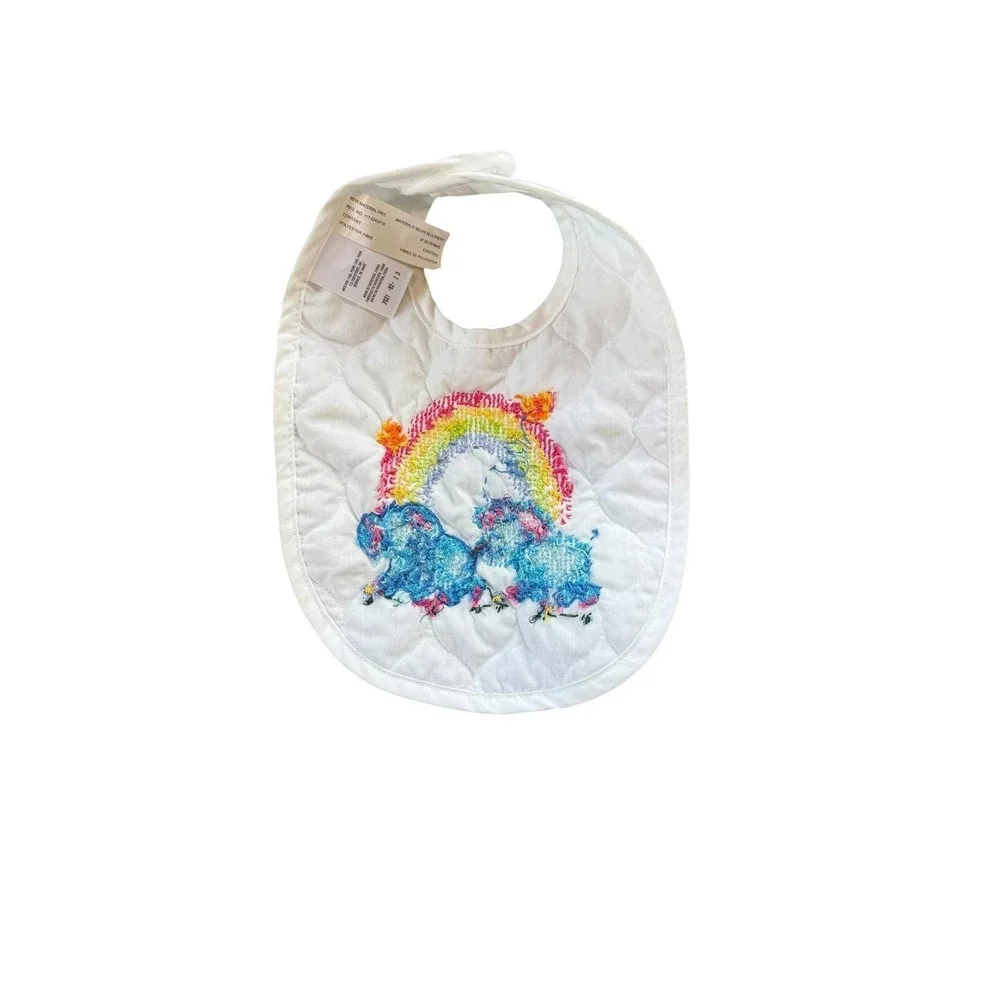 Vintage hand stitched crochet Quilted Elephant Rainbow Bib Kids OS White